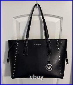 RARE Michael Kors Studded Black Voyager Medium Crossgrain Leather Tote Bag