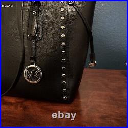 RARE Michael Kors Studded Black Voyager Medium Crossgrain Leather Tote Bag