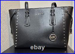 RARE Michael Kors Studded Black Voyager Medium Crossgrain Leather Tote Bag