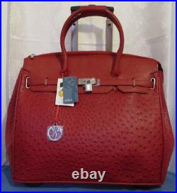 Rolling Ricardo Beverly Hills Travel Satchel In Dark Red Faux Leather & Ostrich