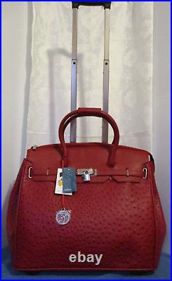 Rolling Ricardo Beverly Hills Travel Satchel In Dark Red Faux Leather & Ostrich