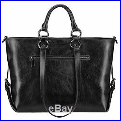 S-ZONE Women's 3-Way Genuine Leather Work Tote Laptop Shoulder Handbag (Black)