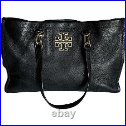 Tory Burch Black Leather Britten Open Tote Large Bag Gold Double Strap Laptop