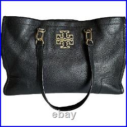 Tory Burch Black Leather Britten Open Tote Large Bag Gold Double Strap Laptop