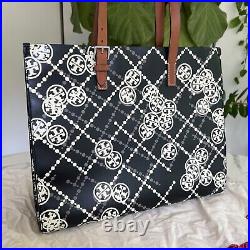 Tory Burch T Monogram High Frequency Large Tote Black Ivory Tan Laptop Bag