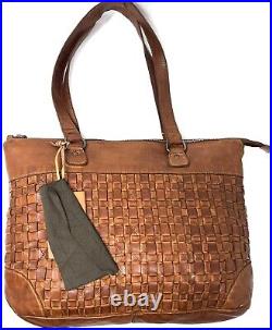 VILENCA HOLLAND Bethany Laptop Shoulder Tote Bag Distressed Leather Brown Cognac