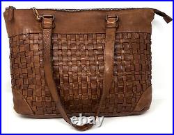 VILENCA HOLLAND Bethany Laptop Shoulder Tote Bag Distressed Leather Brown Cognac