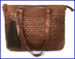 VILENCA HOLLAND Bethany Laptop Shoulder Tote Bag Distressed Leather Brown Cognac