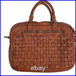 Vilenca Holland Leather Working Woven Laptop Satchel Cognac Bag Made In Italy