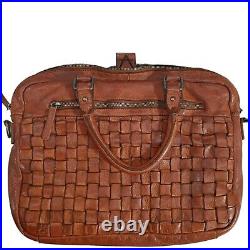 Vilenca Holland Leather Working Woven Laptop Satchel Cognac Bag Made In Italy