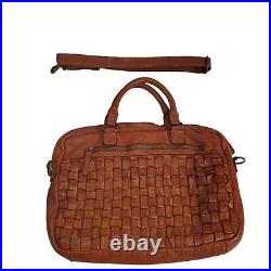 Vilenca Holland Leather Working Woven Laptop Satchel Cognac Bag Made In Italy