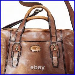 Vintage Fossil Leather Briefcase Messenger Shoulder Bag Distressed Brown Laptop