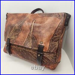 Vintage briefcase women's brown tooled leather leaf laptop office handmade rare