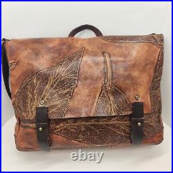 Vintage briefcase women's brown tooled leather leaf laptop office handmade rare