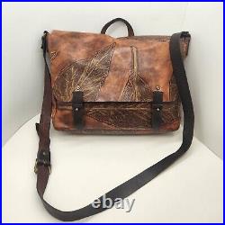 Vintage briefcase women's brown tooled leather leaf laptop office handmade rare