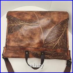 Vintage briefcase women's brown tooled leather leaf laptop office handmade rare