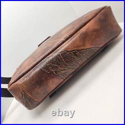 Vintage briefcase women's brown tooled leather leaf laptop office handmade rare