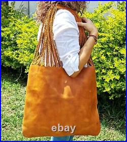 WBLD Shoulder Bag With Leather Knitted Ribbon Holders Hand Bag Fit for Laptop
