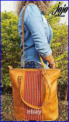 WBLD- genuine cow Leather Tote Bag Shoulder Bag with Fabric Fit for 15 Laptop